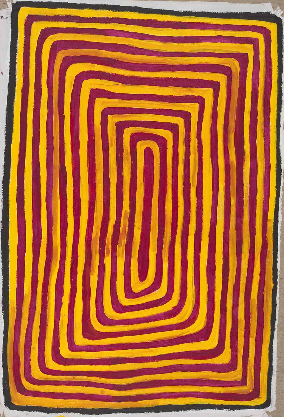 A painting on brown linen of concentric rectangles in yellow and red with a black and white border. - click to view larger image