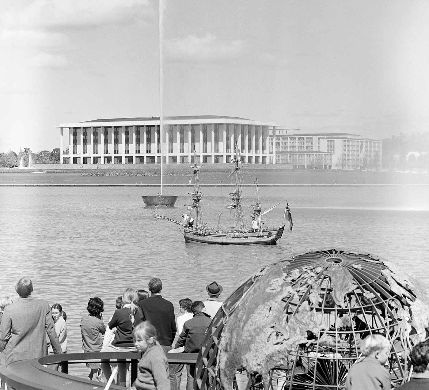 Historical - Model of Captain Cook's barque, the 'Endeavour', sailing on Lake Burley Griffin. 1970. - click to view larger image