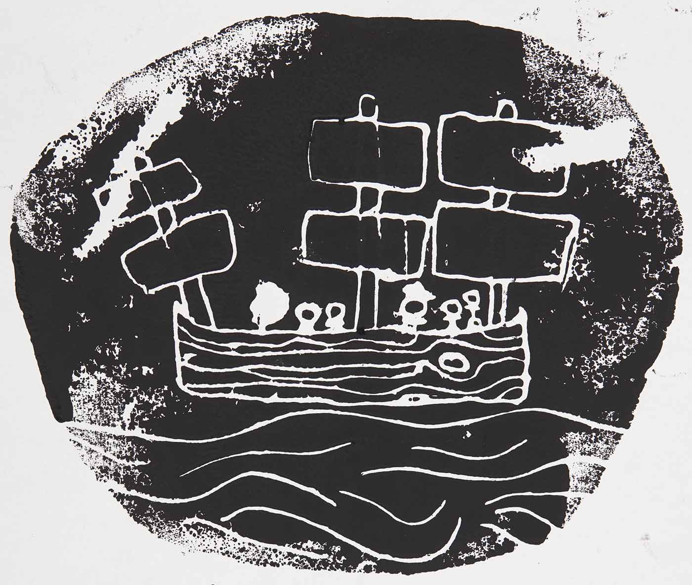 A circular black print on white cardboard featuring stick figures on a ship in the sea. Across the bottom the print is title, sigend and dated, '