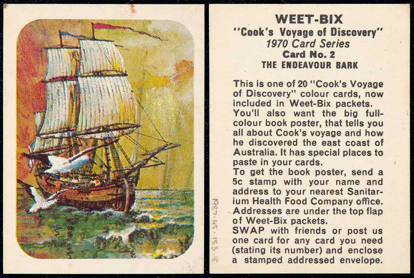 A swap card collected from a Weetbix cereal packet which features a coloured illustration of a sailing ship. Text on the reverse side of the card reads 'WEET-BIX / 