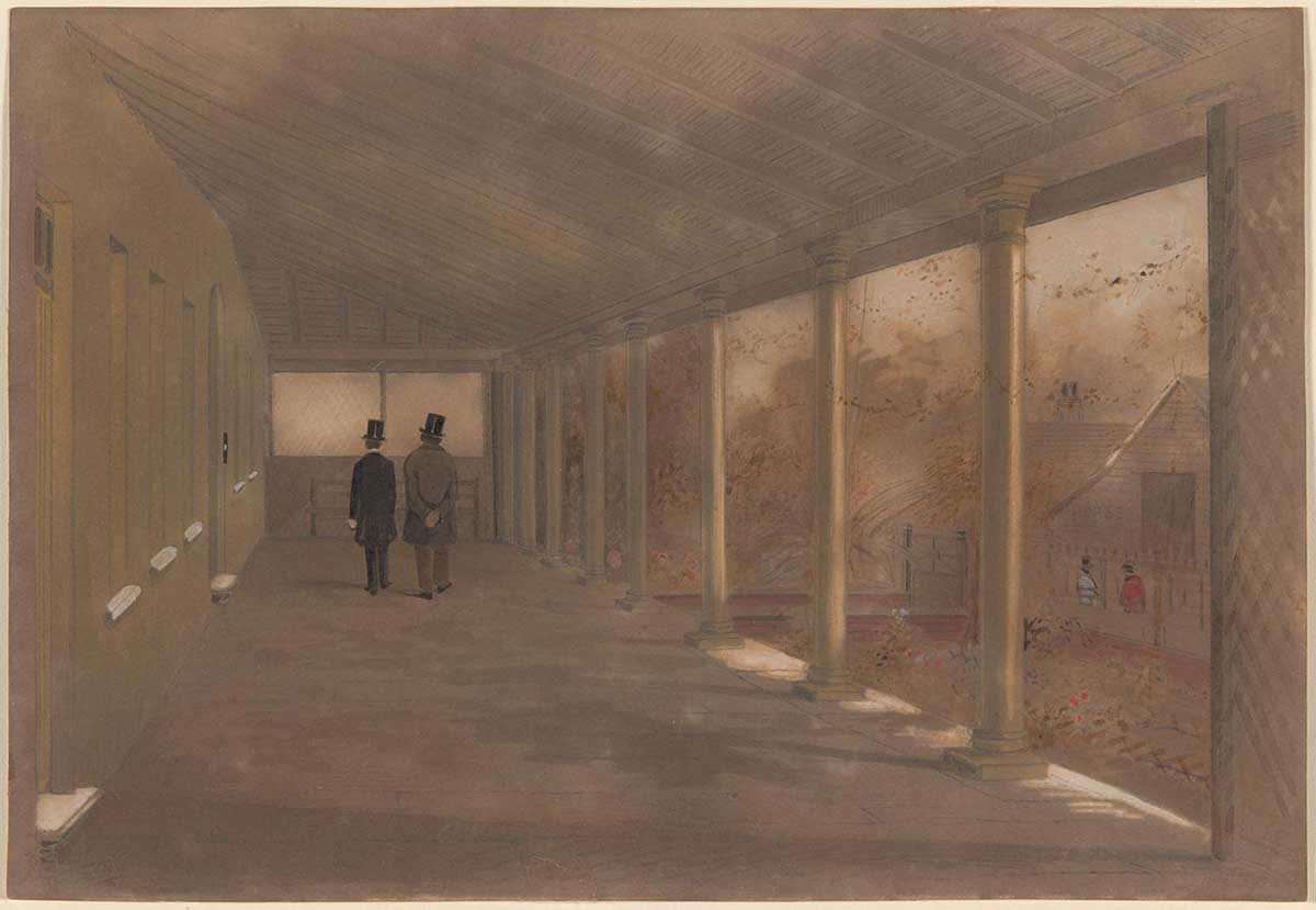 A watercolour painting in greys, browns and white with small sections of red and blue depicting a verandah with pillars on one side a wall on the other. Walking along the verandah are two people wearing top hats. Handwritten in pencil in the bottom left hand corner is 'S.T.G.'. - click to view larger image