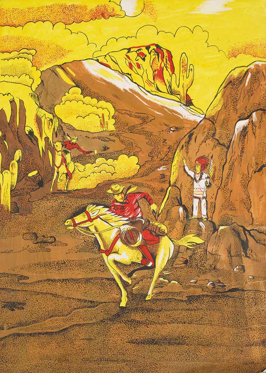 A painted artwork on paper depicting two cowboys riding horses in a mountainous desert landscape. On the right hand side is a Native American man with one hand raised and holding a spear. The scene is painted in white, black, brown, red and yellow. - click to view larger image