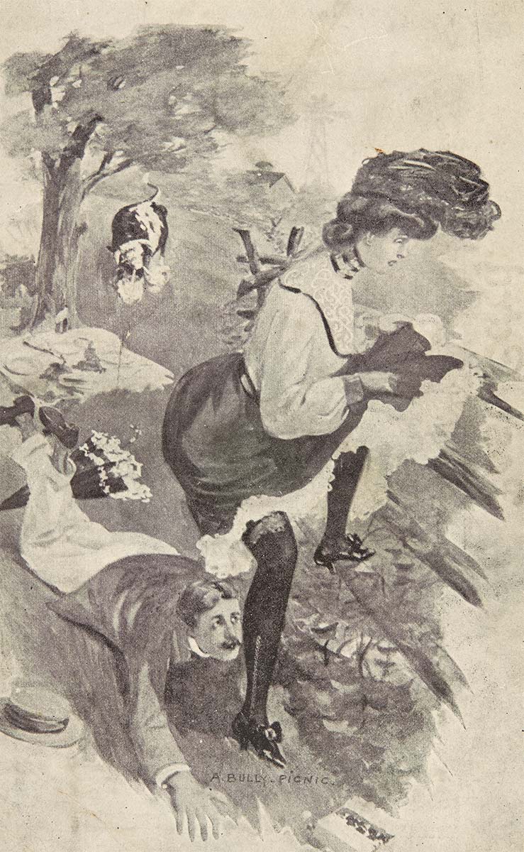 A postcard featuring a black and white sketch of a woman hitching up her skirts to climb a fence. Behind her is a man who has fallen on the ground and in the background is a bull blowing steam from its nose. - click to view larger image