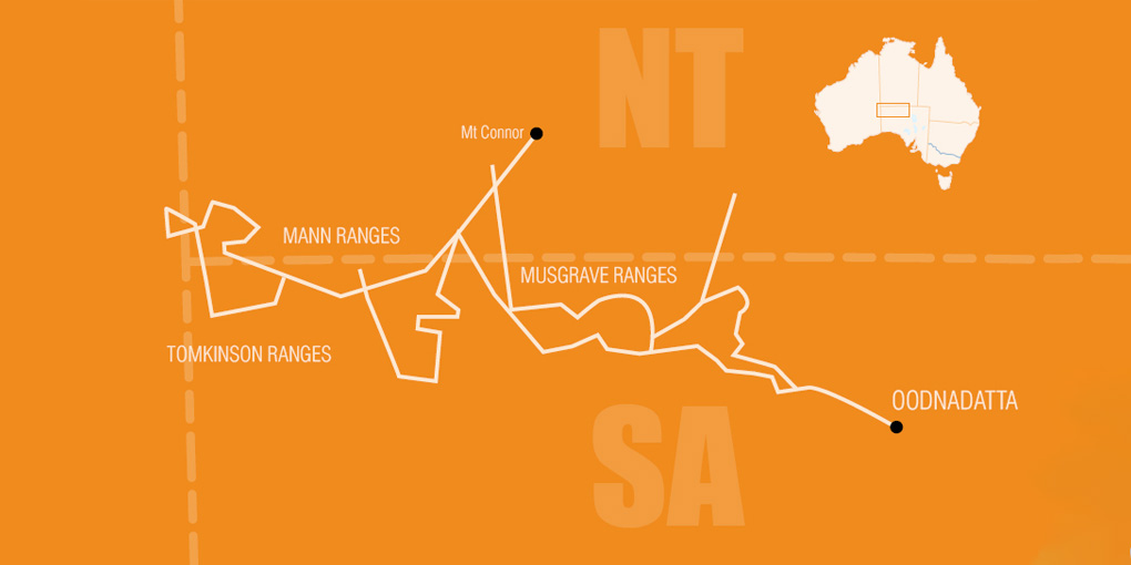 Map outlining the expedition routes in 1903. The stylised graphic image has Australia in the top-right corner, showing the area covered by the enlarged map section. The enlarged section shows an area at the border intersection of South Australia, the Northern Territory and Western Australia. The expedition routes are marked by white lines. Locations indicated on the map are Oodnadatta, the Musgrave Ranges, the Mann Ranges, the Tomkinson Ranges and Mt Connor.