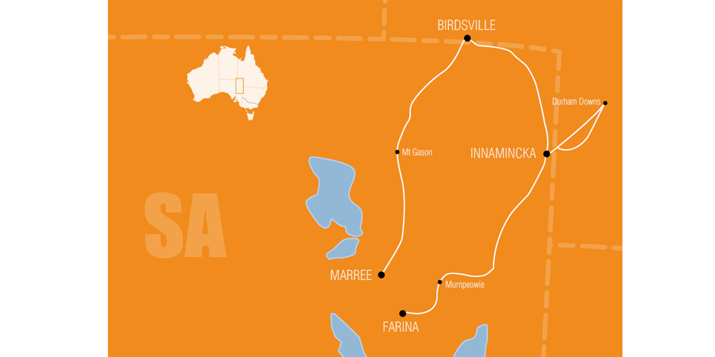 Map outlining the expedition in 1919. The stylised map shows the expedition routes in white lines. The expedition area is in north west South Australia and far west Queensland. Locations such as Birdsville, Marree, Innamincka and Durham Downs are shown. A small map of Australia in the top left hand corner shows the expedition area overview.