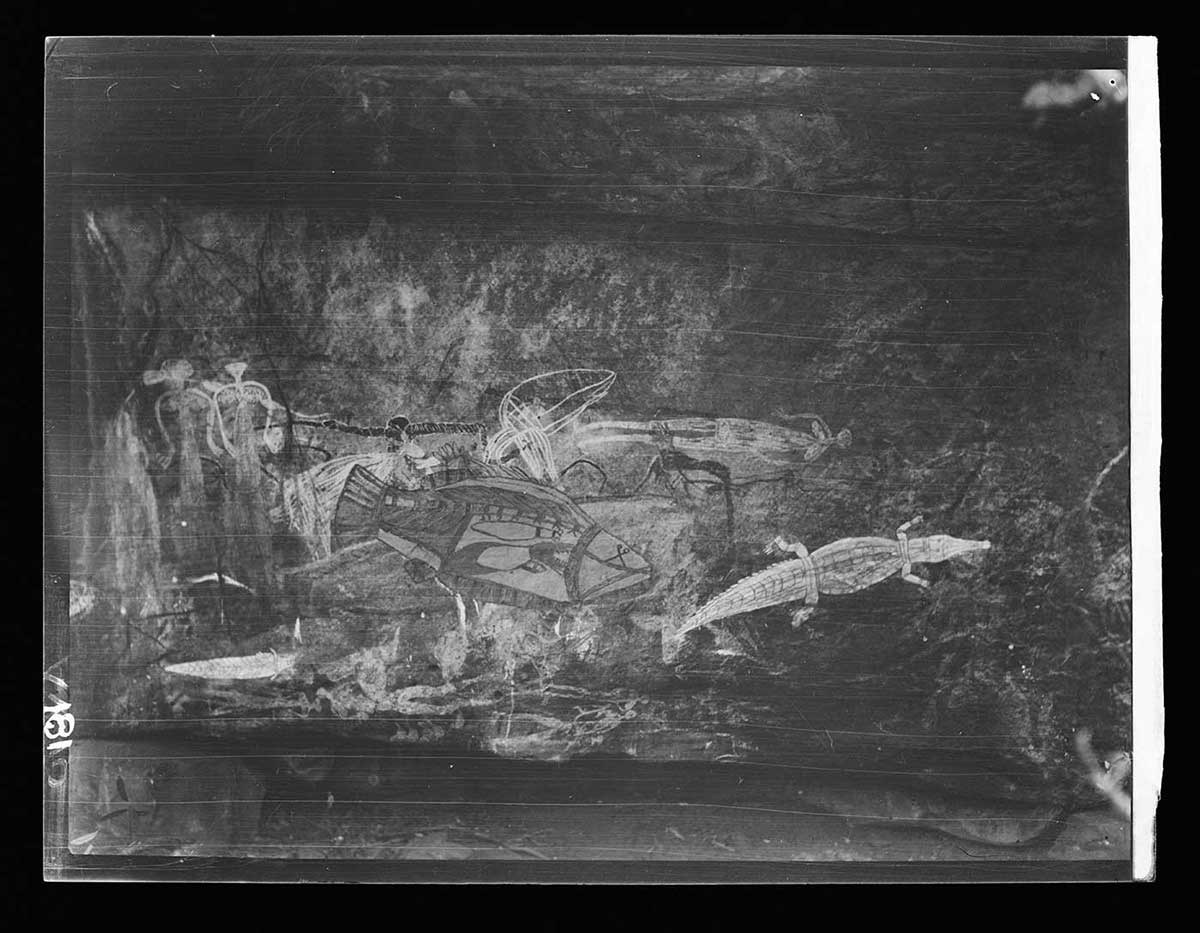 Rock paintings at Kunumidjara, Liverpool River area, Northern Territory 1928. The paintings are on a rock wall under an overhang. Aboriginal customary representations of a crocodile, a fish, a turtle and spirits can be seen. The representations are overlayed on other images that are indistinct. The fish representation in the middle of the paintings is more detailed and in different tones to the other representations, suggesting that it's a more recent painting done with a range of ochre colours. The rock wall has its own tones and textures. Above and below the paintings are large horizontal cracks that separate the wall into at least three sections. - click to view larger image