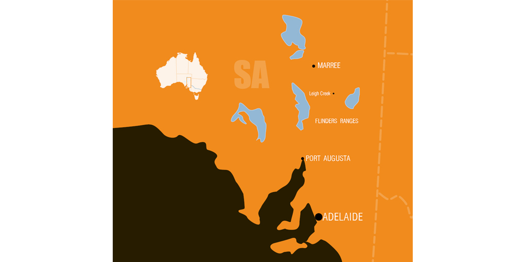 Map outlining the expedition through the Flinders Ranges in South Australia. The sylised map shows the land mass in an ochre yellow colour and sea areas in dark brown. Four inland lakes are indicated on the map by blue shapes. There is no information in regard to other surface features such as contours and transport. Locations such as Adelaide, Port Augusta, Marree, Leigh Creek and the Flinders Ranges are indicated on the map. The eastern South Australian border is visible at the far right of the map. The intersection of the South Australian, New South Wales and Victorian borders is just visible in the bottom right corner of the map. A small white map of Australia is in the upper left hand corner, showing the expedition area as a small vertical rectangle.