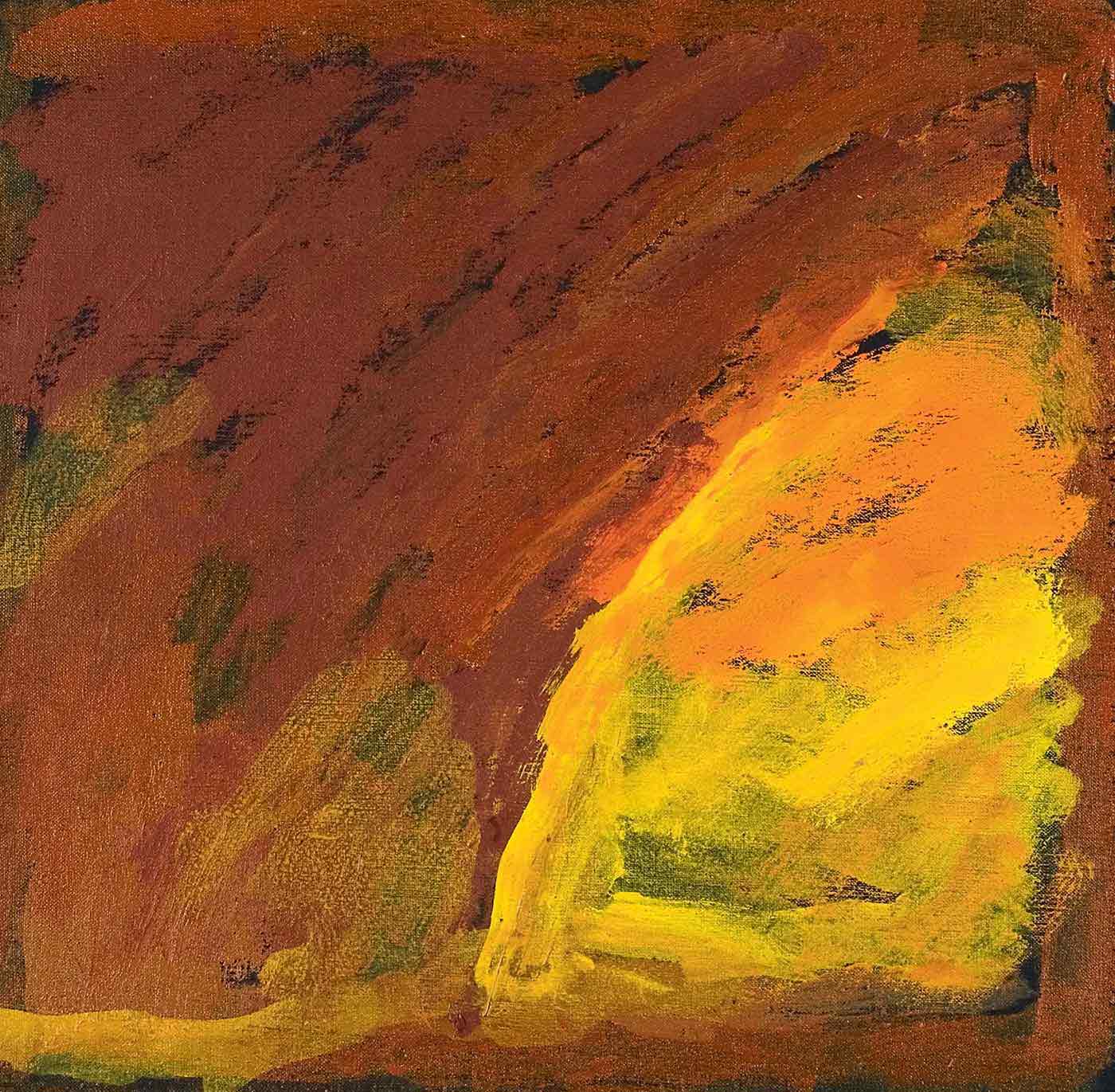 A brown linen canvas featuring a square painting on a black background with shades of yellow, brown and orange. One corner is filled with yellow with a curved edge like a quarter of a circle, which then blends into the brown and orange colours of the rest of the canvas. The text on the bottom edge of the canvas reads 'Milly Kelly - Martumil' and 'PMK/26/MM 45 x 45cm' is on the right side edge. - click to view larger image