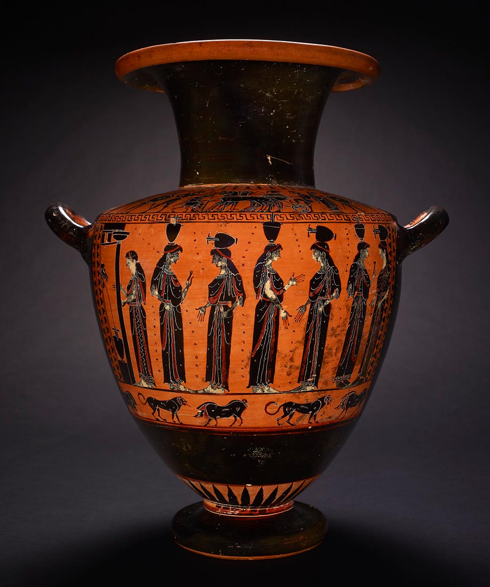 A vase with a broad opening, small base and an illustration of a row of women carrying vessels on their heads, with animals below. - click to view larger image