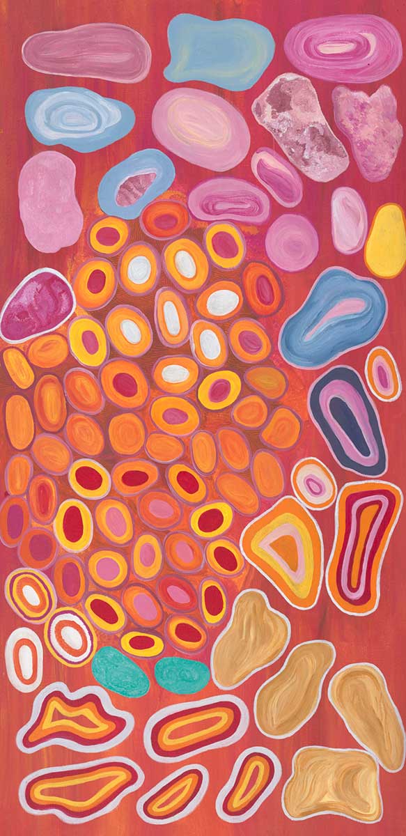 Painting featuring organic shapes and a predominantly red, pink and orange palette. - click to view larger image