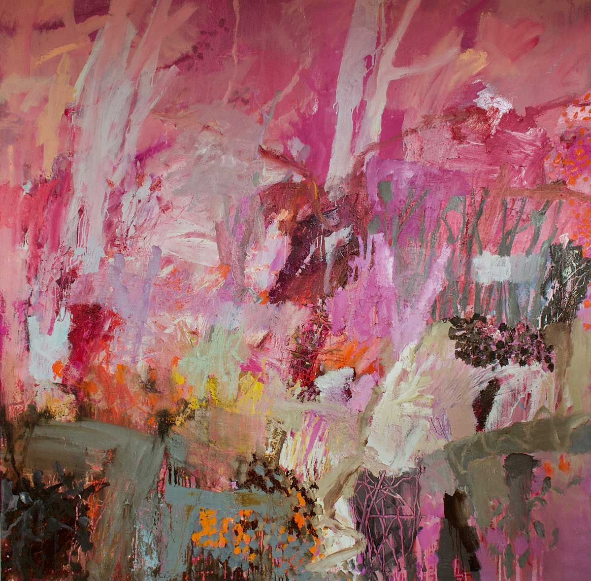 Abstract painting featuring large quick brush marks in a predominantly pink and red palette. - click to view larger image