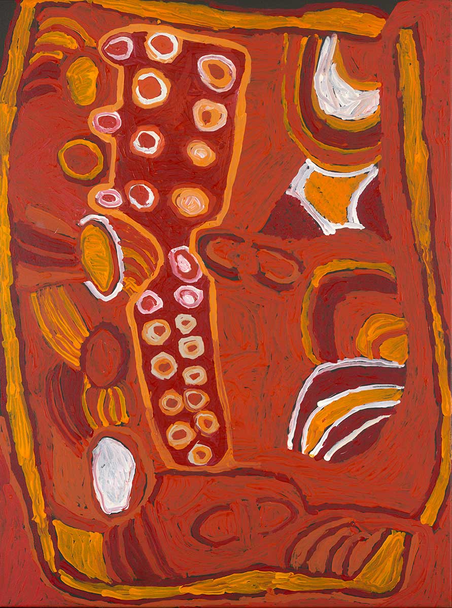 An acrylic painting on linen in red, orange, yellow, black and white. It features a yellow border set back from the edges of the canvas. Contained within the border are several circles and arch shapes. - click to view larger image