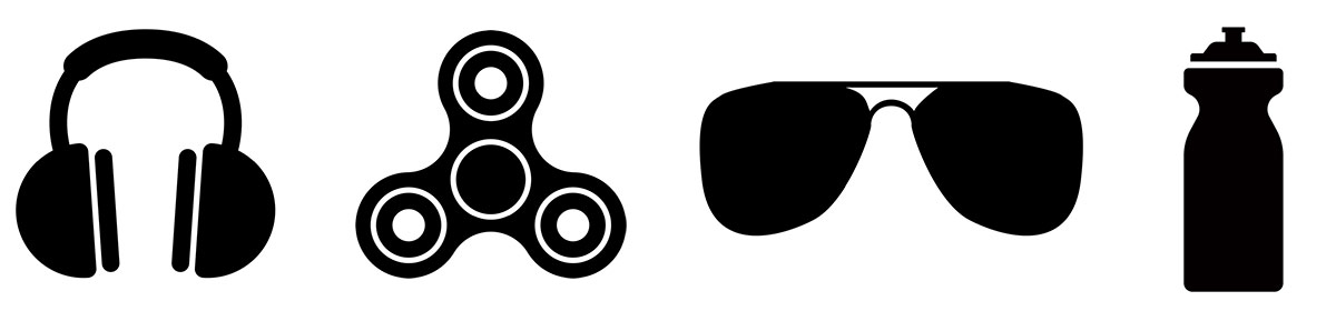 Series of vector graphics including headphones, fidget spinner, sunglasses and a water bottle.