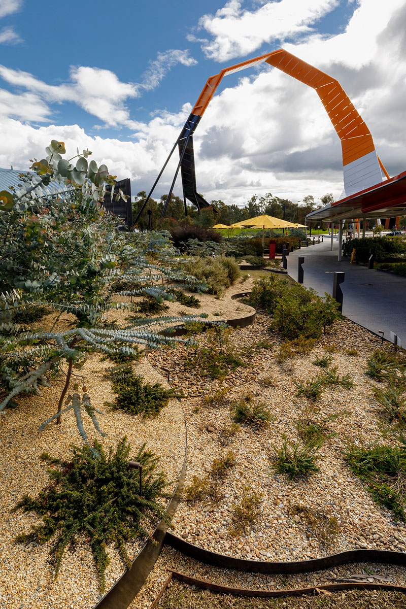 An outdoor museum space featuring landscaped gardens with Australian native plants. A large, loop-like sculpture rises in the distance.