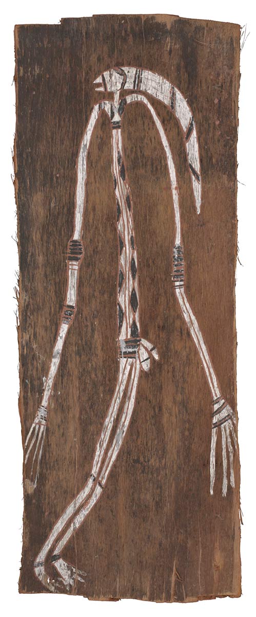 A bark painting worked with ochres on bark. It depicts a female Mimi spirit figure with elongated limbs and hands extending to the knees. The torso is covered with a diamond shaped design. The figure has a long headdress curving halfway down her back. The painting has a natural bark background with traces of black. - click to view larger image