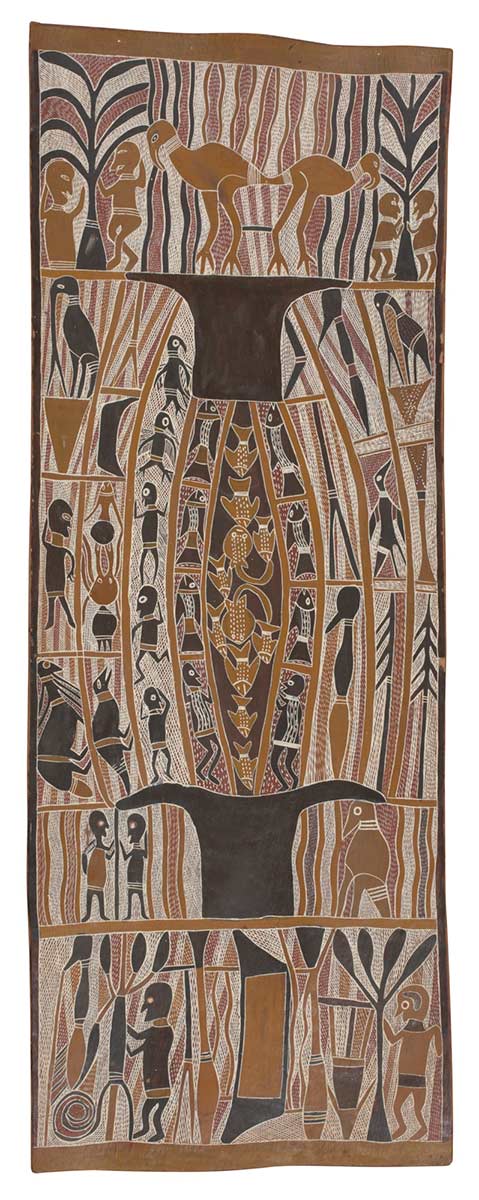A bark painting worked with ochres on bark. The central panel depicts a double anvil shape between which are images of human figures and fish. The top panel depicts two birds in the centre with on each side. The lower panel features two human figures, a canoe, trees and tools. - click to view larger image