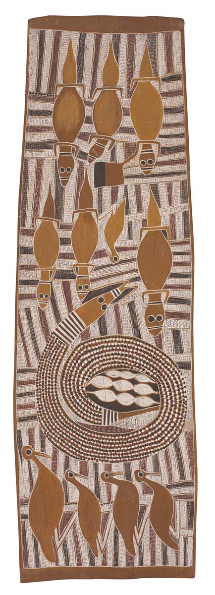 A bark painting worked with ochres on bark. It depicts a large dotted snake with a yellow head in a coiled position, There are four yellow birds below this and six yellow goannas above it.  The background has a crosshatched pattern in white, brown and red. - click to view larger image