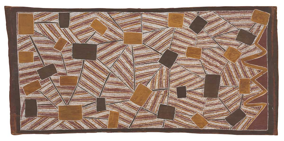 A bark painting worked with ochres on bark. It depicts solid rectangles in various sizes linked by oblique black lines. There is a broad yellow jagged line at one narrow end of the bark with a plain red section beside this. There is an infill pattern between the rectangles and black lines of red and white crosshatching. - click to view larger image