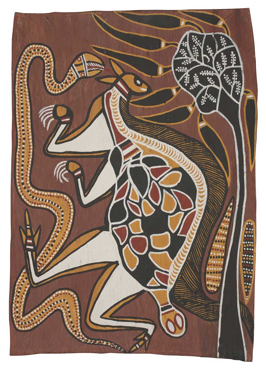 A bark painting worked with ochres on bark. It depicts a file snake on the left with a water goanna superimposed on a kangaroo in the centre. There is a tree on the right. The painting has a red background. - click to view larger image