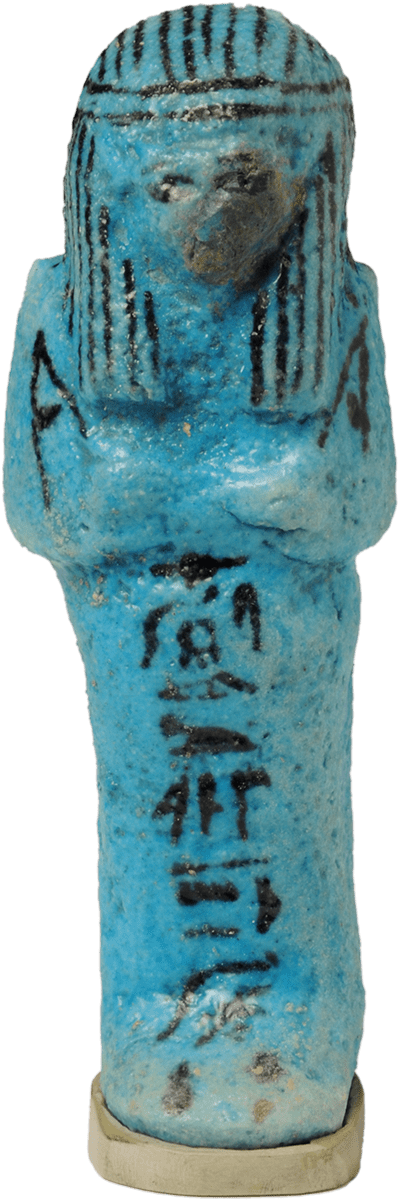 A small blue faience sculpture of a person.