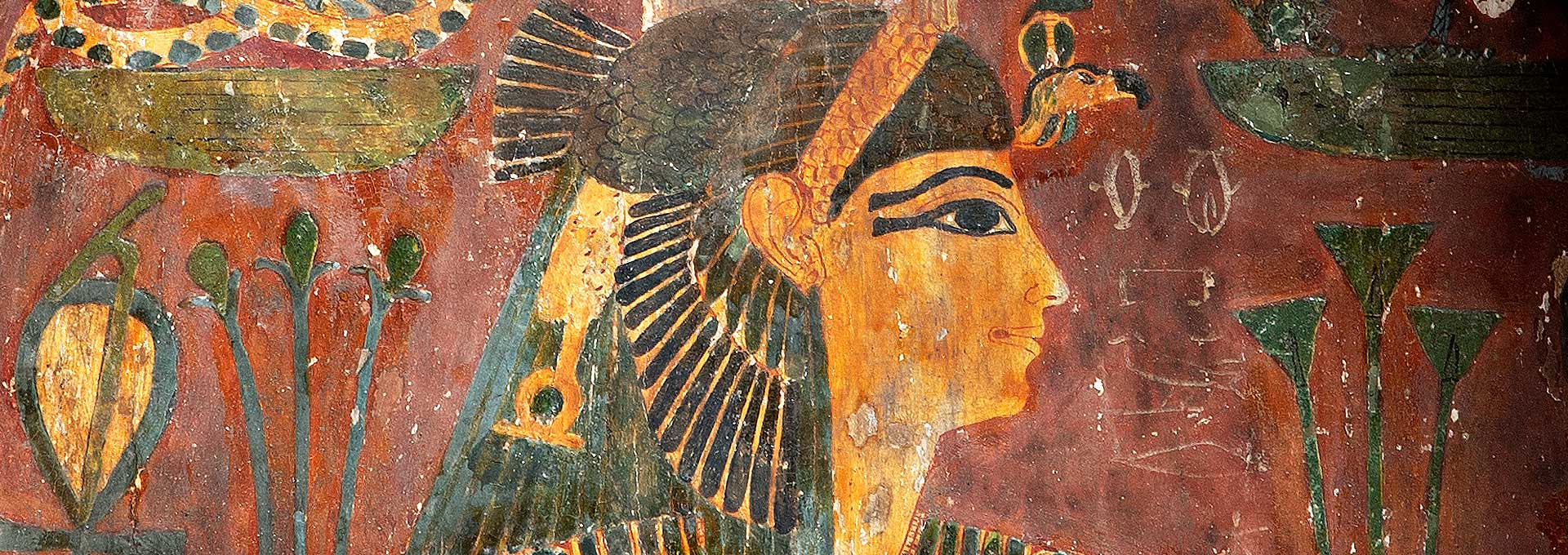 Detail of a mural featuring an Egyptian figure. 