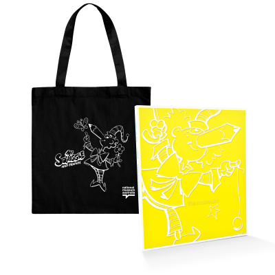 Black tote bag with white illustration of Mr Squiggle next to a magazine with a yellow and white illustration of Mr Squiggle on the cover