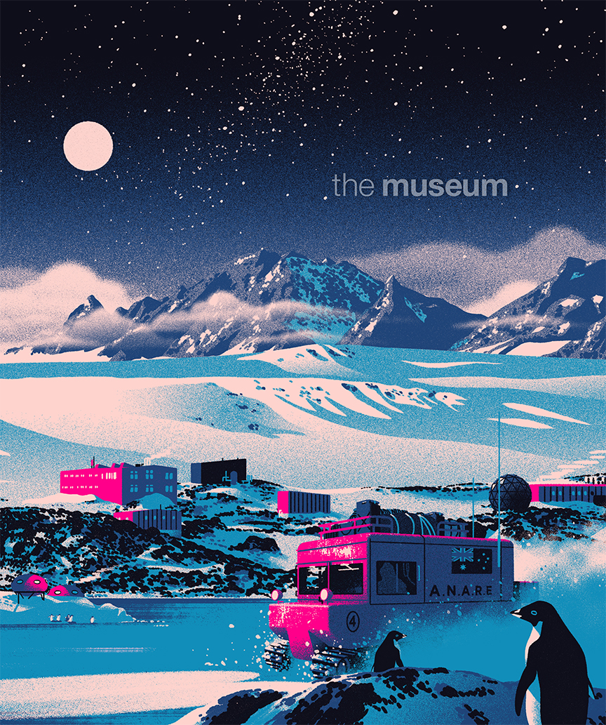 An illustration of an Antarctic scene by Timba Smits, an oversnow vehicle with an Australian flag in the foreground, with buildings, snow and rocky mountains in the distance.