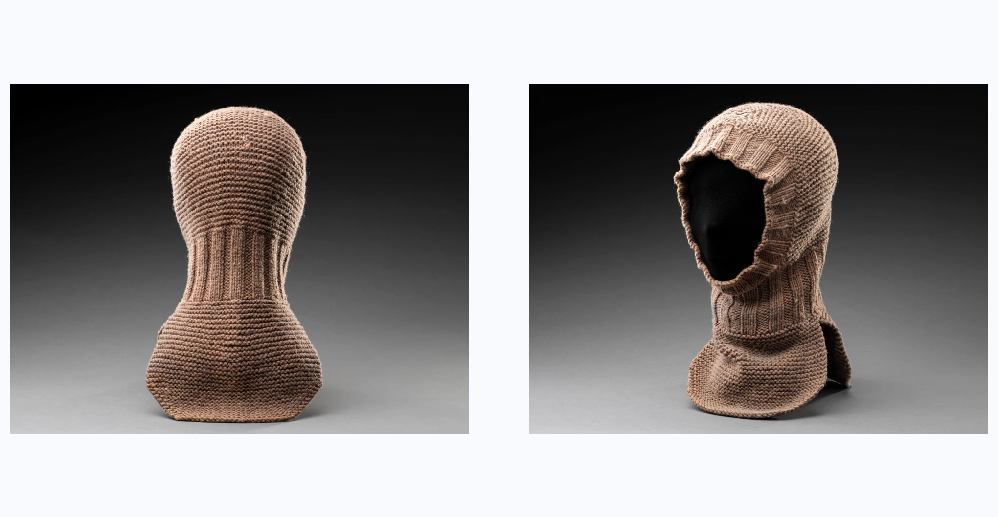 A grey-brown coloured knitted balaclava. It consists of plain stitching in most areas, and ribbed stitching around the face opening and neck. There is a front and slightly larger back flap in plain stitch below the chin line.