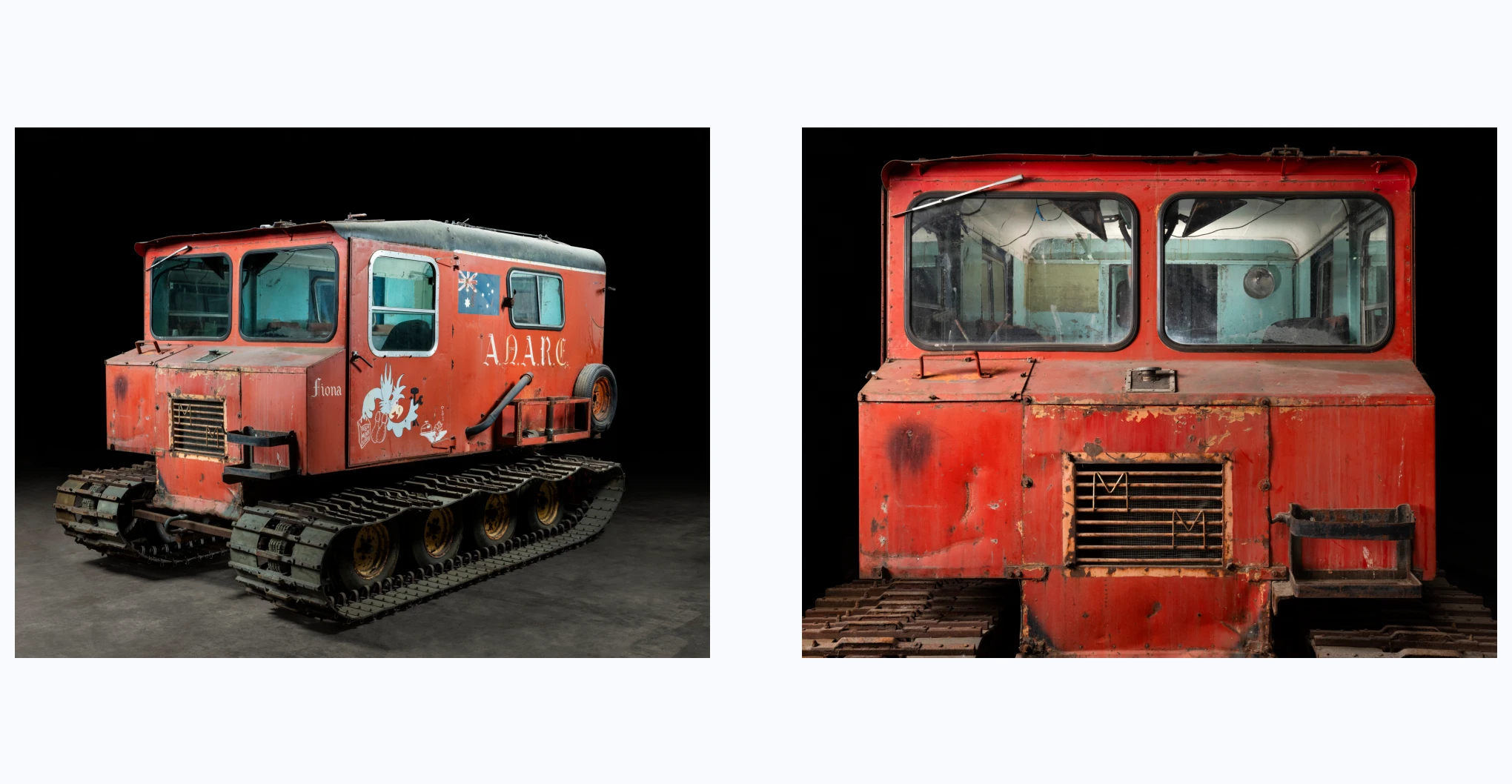 A red Australian Mole Mink oversnow vehicle with metal tracks reinforced via rubber belting, the letters 'M / M' on the front grill and eight cushions covered in red fabric. There are two windows on the front, sash windows on the driver and front passengers sides, sliding windows on the sides of the back, and a fixed window in the rear door. The cab is made from sheet steel and the interior walls and floor are lined with plywood. On the roof is a hatch and metal brackets. Mounted to the side of the vehicle on the proper right side is a green jerry can with 'ATK' stencilled on the side in black. On either side of the back door are leather straps. Painted around the exterior are images and words including 'fiona', 'A.N.A.R.E.', 'Shane', 'Jane', the Australian flag, and a bird carrying multiple tools and a box labelled 'RESCUE / MINK / SERVIS [sic]'. The bird is flying towards a vehicle with its front end stuck in a crevasse while towing a sledge labelled 'ANARE'. Inside the vehicle are seats and steering levers.
