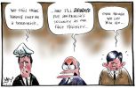 Cartoon of Mick Keelty saying 'We still think Haneef could be a terrorist' beside John Howard saying 'and I'll always put Australia's security as our first priority', followed by Kevin Andrews saying 'even though we let him go'.