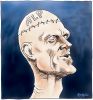 Illustration of Peter Garrett with stitches across his forehead after a lobotomy, with the letters 'ALP' etched onto his scalp. 