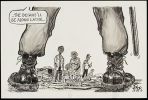 Cartoon of a man in army fatigues holding a baton and standing in front of an Aboriginal family saying "...The details'll be along later..."