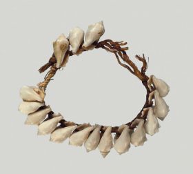 Necklace made from snail shells strung together a plaited string.