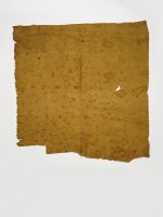 Thin single-layered of barkcloth dyeda  yellowish colour, stained with red patterns consisting of dots and semicircles.