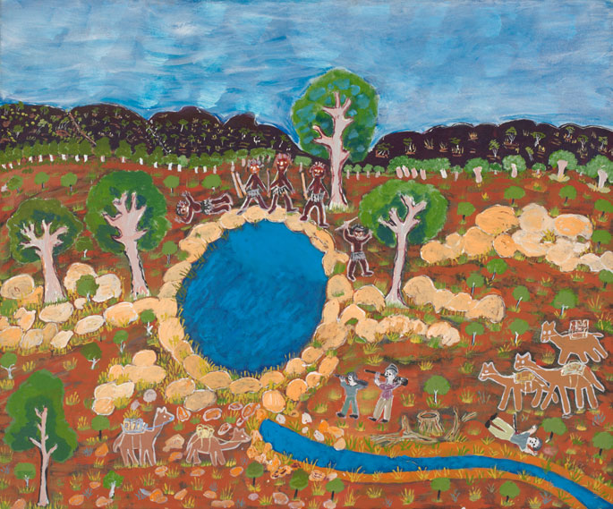 A painting on canvas depicting a central waterhole beyond which there are five figures holding spears with one lying on the ground with a wound in his chest. Below to the right there are two more figures aiming guns at this group and behind them a figure lying on the ground with a spear protruding from his body. - click to view larger image