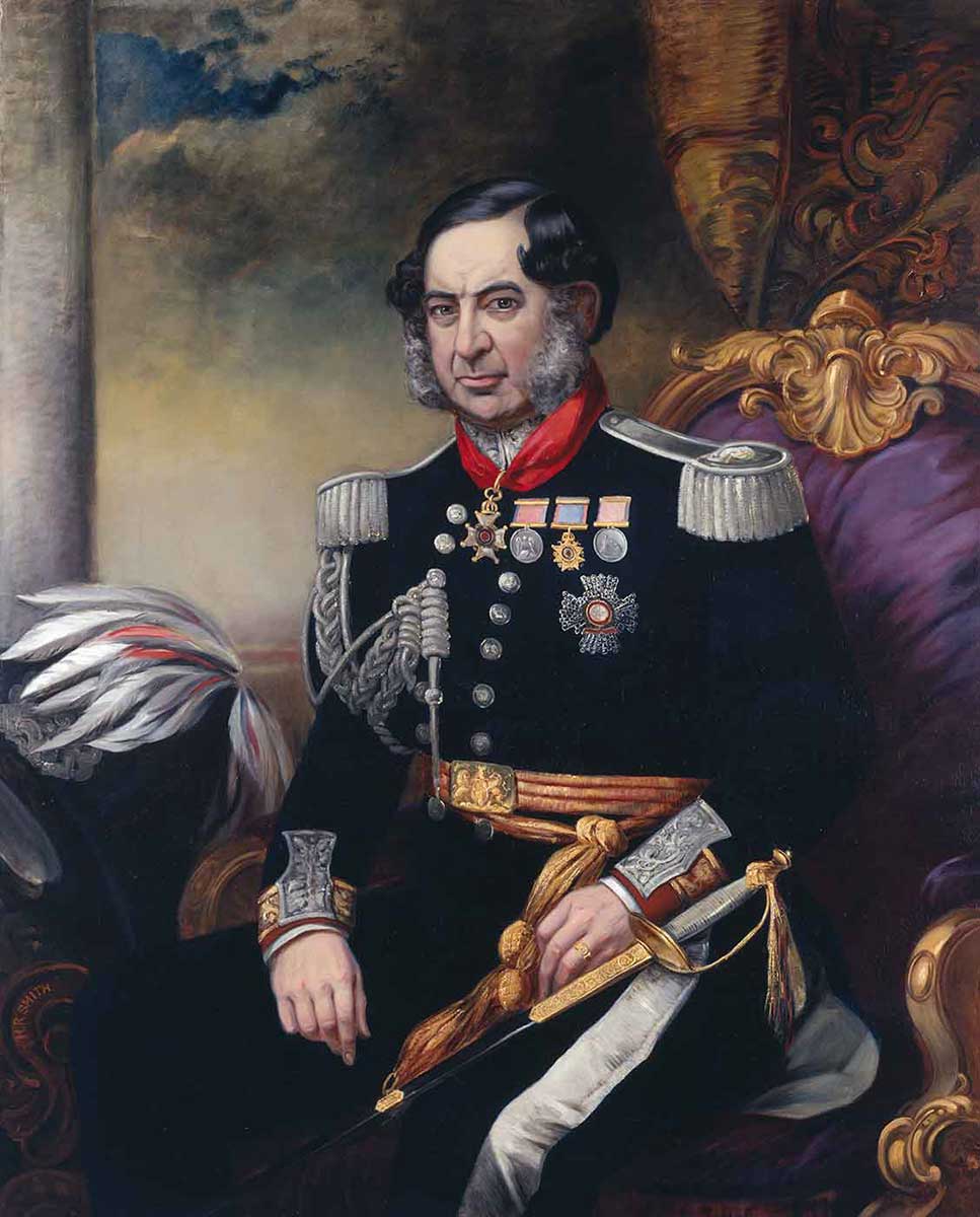 Oil painting showing middle-aged man seated, wearing elaborate military uniform with a plumed hat resting by his right arm. - click to view larger image