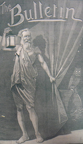 Cover of the Bulletin featuring an elderly man draped in a cloth. He is holding up a lamp and pulling back a curtain to reveal an owl perched on a hollow log.