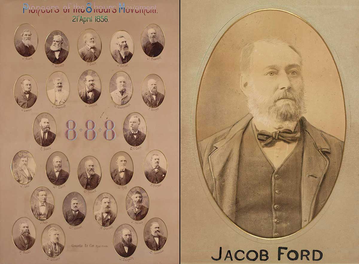 Left photo: A composite photo made up of 25 small portraits of men. At the top is a title reading Pioneers of the 8 hours movement. In the middle is the legend 8 + 8 + 8. Right photo: sepia portrait of a late middle-aged man with a beard and bow-tie