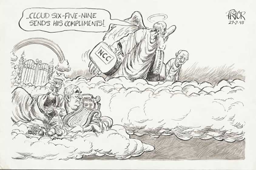 Cartoon depicting Bob Santamaria in Heaven, by Geoff Pryor - click to view larger image