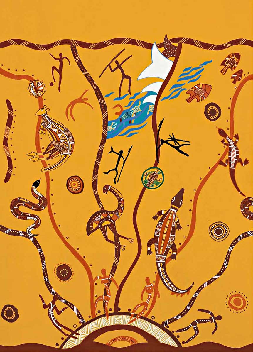 A gouache painting on white paper. The design features a semi-circle along the lower edge with animals in X-ray style along wavy lines radiating from the semi circle. The animals include a kangaroo, emu, snake, crocodile and fish. There are also figures in various poses. The colours are brown, white, green, yellow ochre and black with a small area of blue water near the centre. The background is yellow ochre. The text 'Balarinji' is handwritten in pencil on the right hand side of the lower edge of the art work. - click to view larger image
