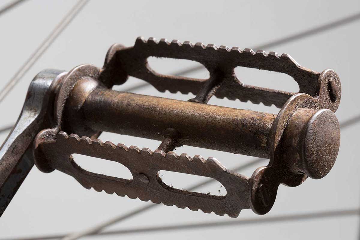 Close up image of a metal bicycle pedal. - click to view larger image