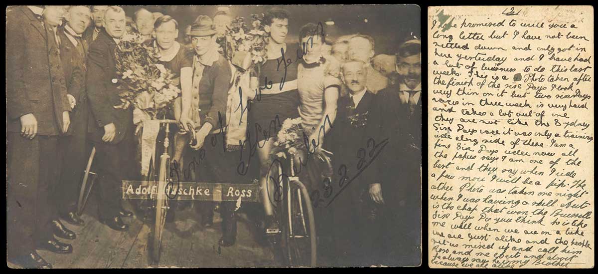 Composite of two views of a postcard. On the left is an official photograph of Huschke and Ross after they came 4th in the Berlin 6 Day 1922, and on the right is handwriting. - click to view larger image