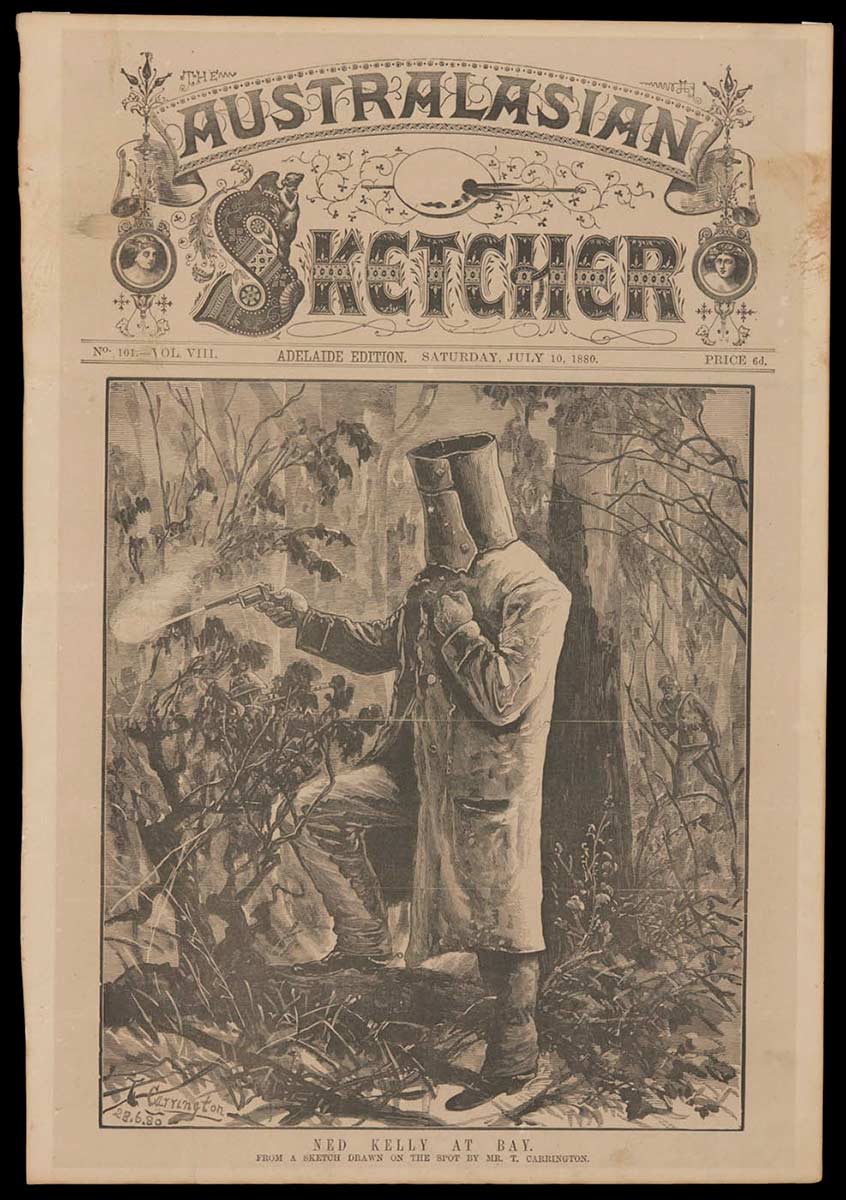 Cover of Australasian Sketcher depicting the 'Ned Kelly at Bay' illustration by Thomas Carrington - click to view larger image