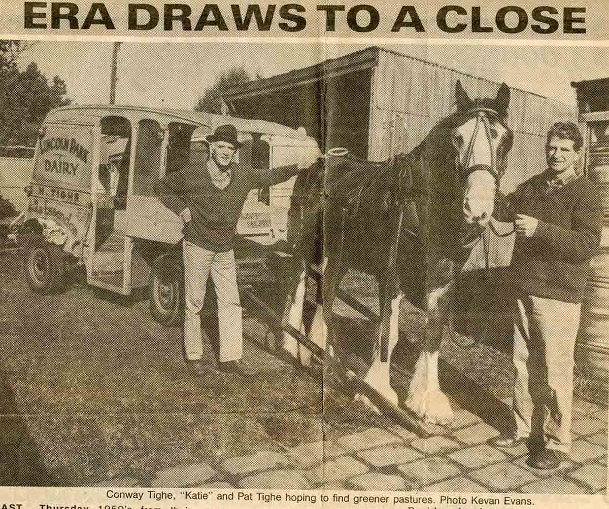 Conway Tighe, horse Katie, Patrick Tighe and their wagon photographed on the final day of the business operation.