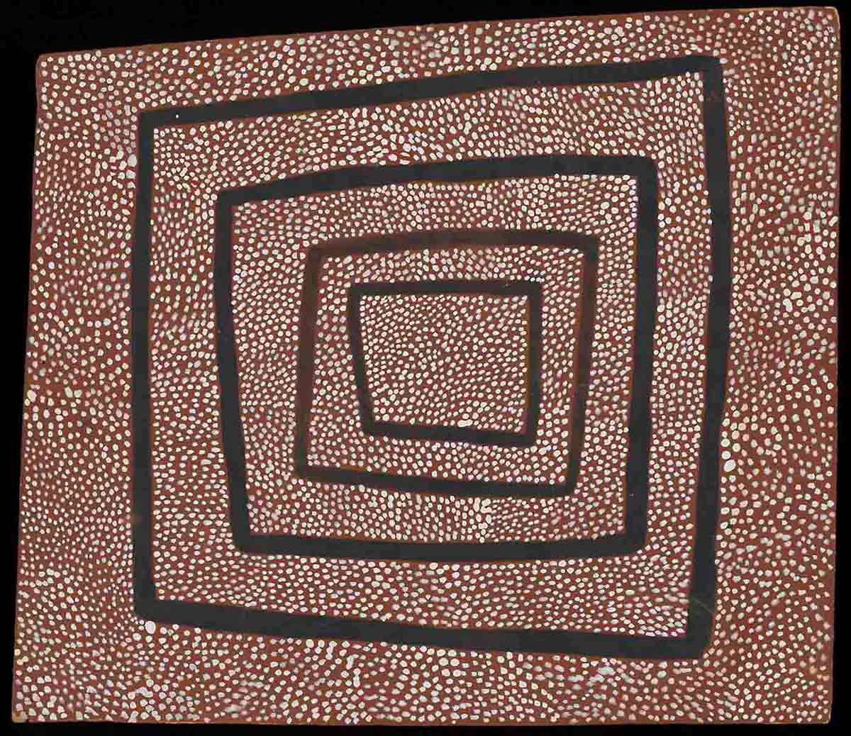 A painting of white dots on a brown surface, with four black irregular-shaped squares extending from the centre. - click to view larger image