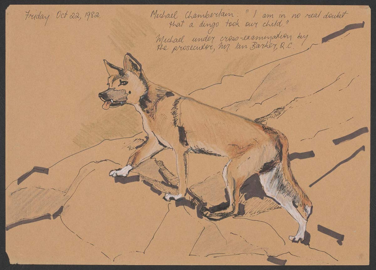Sketch showing a light-brown coloured dog walking in rocky terrian. The dog has pointed ears, lighter paws and its tongue is hanging out. - click to view larger image
