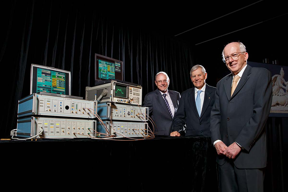 Scientists who contributed to CSIRO’s wireless invention (from left) John O’Sullivan, Terry Percival and Graham Daniels, at the media event to announce the prototype’s inclusion as the 101st object the exhibition A History of the World in 100 Objects. - click to view larger image