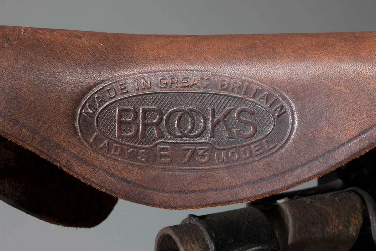 Closeup of Brooks imprint on B73 ladies' bicycle seat. - click to view larger image