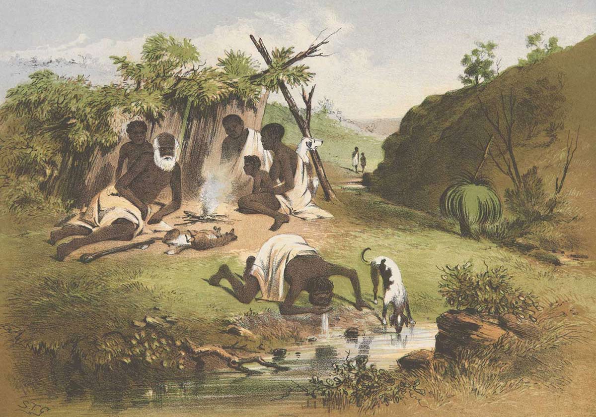 A colour sketch of six Aboriginal people and two dogs camped by a small waterway. A man and a dog drink from the water in the foreground while three adults, two children and a dog sit by a small fire. - click to view larger image