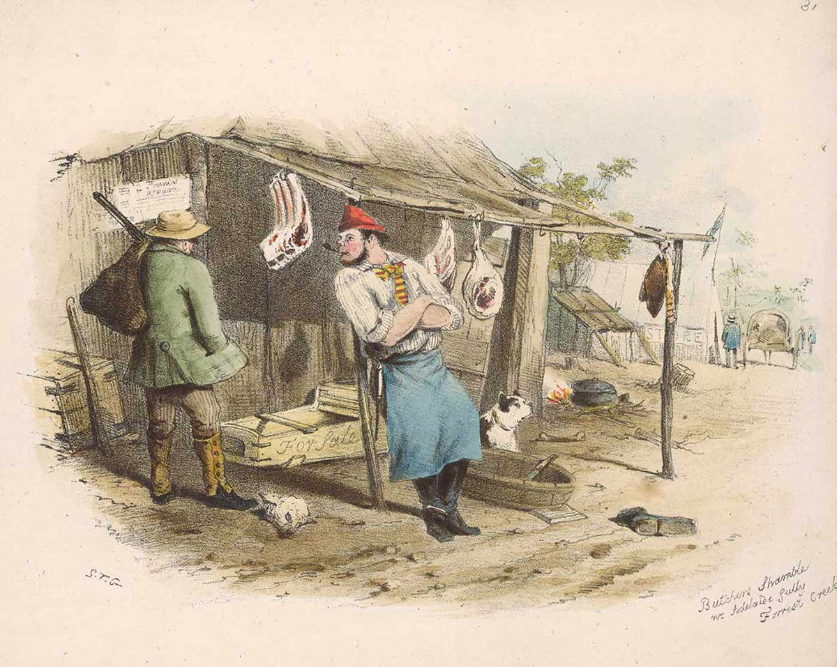 A colour illustration of a butcher leaning on a post outside a slab hut. Cuts of meat hang from the hut's verandah roof. A dog sits at the door and a man carrying a sack over his shoulder stands looking at a cut of meat. - click to view larger image